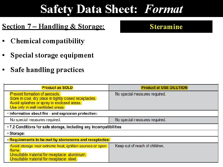 Safety Data Sheet: Format Section 7 – Handling & Storage: • Chemical compatibility •