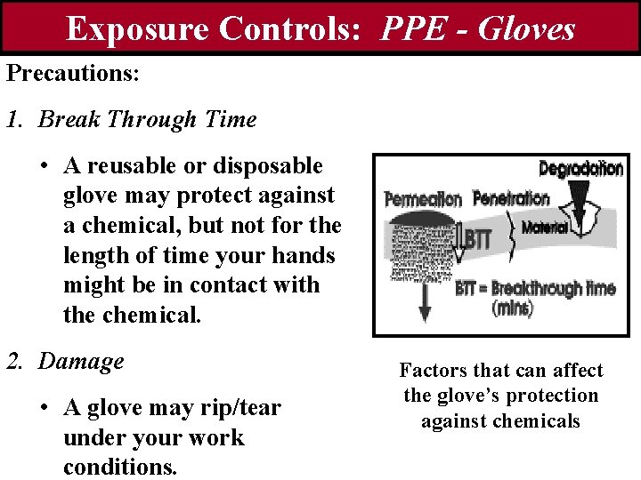 Exposure Controls: PPE - Gloves Precautions: 1. Break Through Time • A reusable or