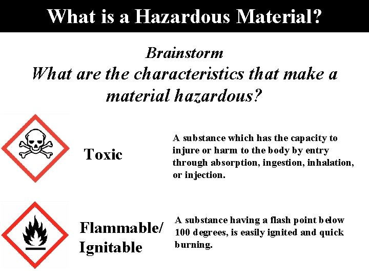 What is a Hazardous Material? Brainstorm What are the characteristics that make a material