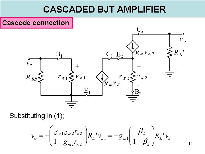 CASCADED BJT AMPLIFIER Cascode connection Substituting in (1); 11 CASCADED BJT AMPLIFIER Cascode connection Substituting in (1); 11