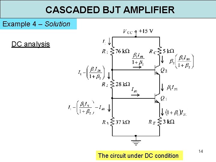 CASCADED BJT AMPLIFIER Example 4 – Solution DC analysis The circuit under DC condition
