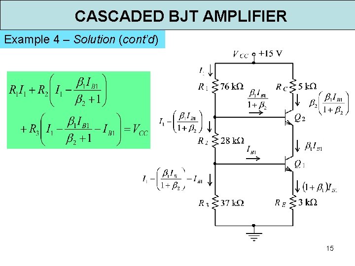 CASCADED BJT AMPLIFIER Example 4 – Solution (cont’d) 15 CASCADED BJT AMPLIFIER Example 4 – Solution (cont’d) 15
