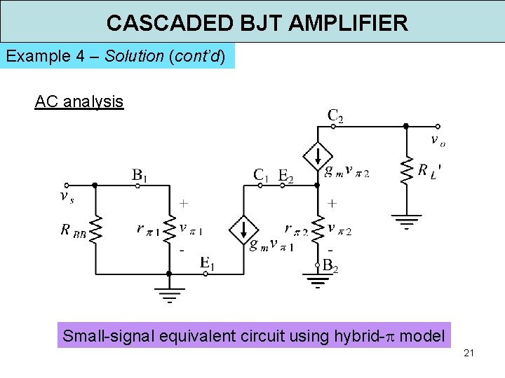 CASCADED BJT AMPLIFIER Example 4 – Solution (cont’d) AC analysis Small-signal equivalent circuit using