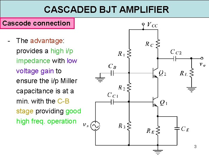 CASCADED BJT AMPLIFIER Cascode connection - The advantage: provides a high i/p impedance with
