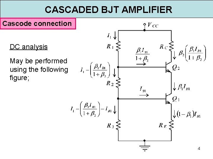 CASCADED BJT AMPLIFIER Cascode connection DC analysis May be performed using the following figure; CASCADED BJT AMPLIFIER Cascode connection DC analysis May be performed using the following figure;