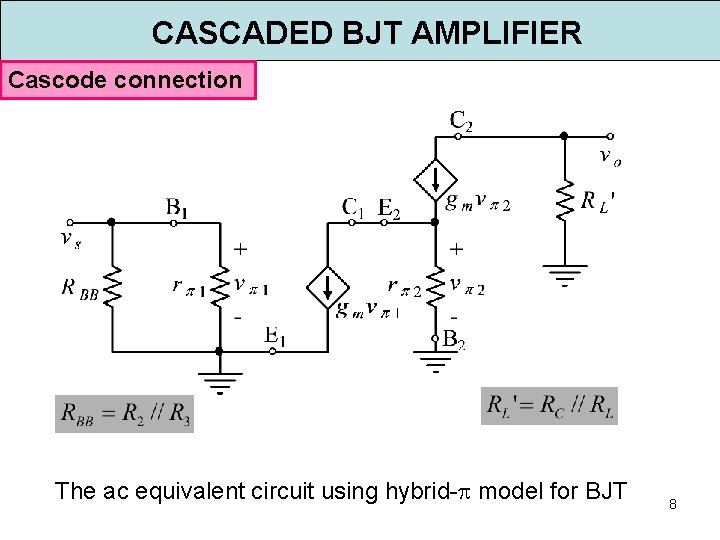 CASCADED BJT AMPLIFIER Cascode connection The ac equivalent circuit using hybrid- model for BJT CASCADED BJT AMPLIFIER Cascode connection The ac equivalent circuit using hybrid- model for BJT