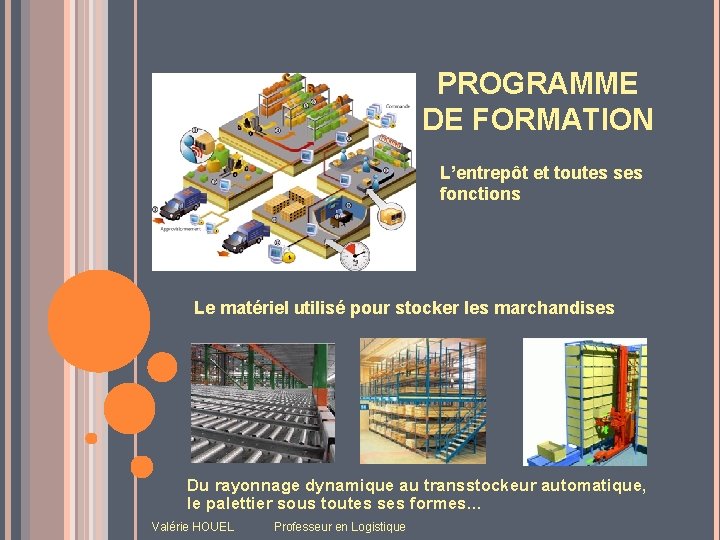 PROGRAMME DE FORMATION L’entrepôt et toutes ses fonctions Le matériel utilisé pour stocker les