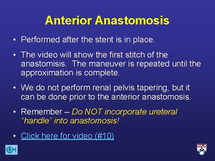 Anterior Anastomosis • Performed after the stent is in place. • The video will