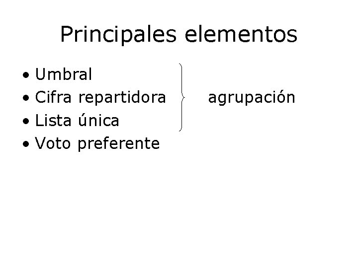 Principales elementos • Umbral • Cifra repartidora • Lista única • Voto preferente agrupación