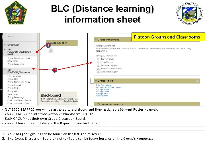 BLC (Distance learning) information sheet Platoon Groups and Classrooms 1 2 - NLT 1700