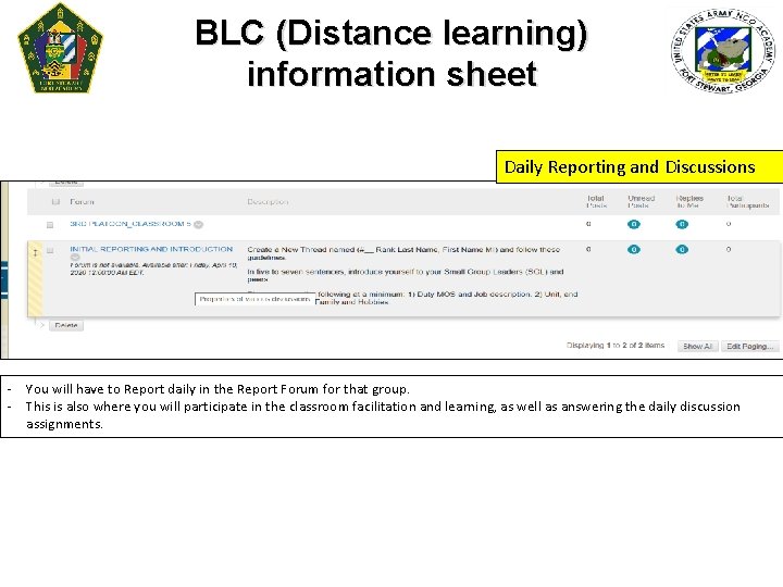 BLC (Distance learning) information sheet Daily Reporting and Discussions - You will have to