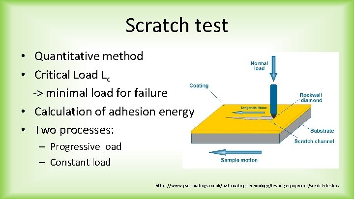 Scratch test • Quantitative method • Critical Load Lc -> minimal load for failure