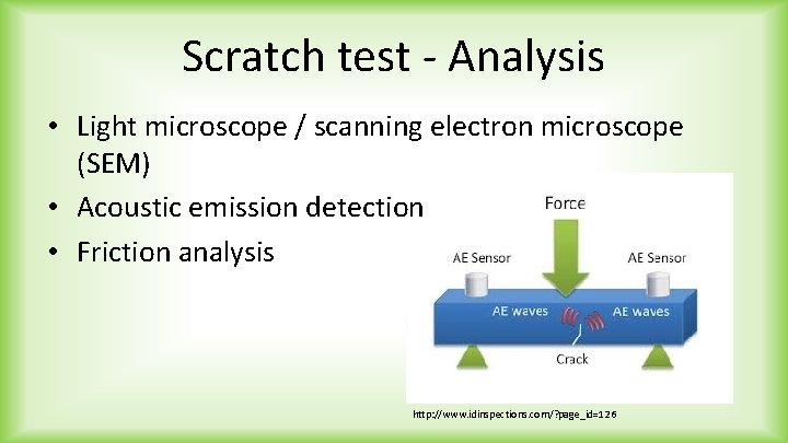 Scratch test - Analysis • Light microscope / scanning electron microscope (SEM) • Acoustic