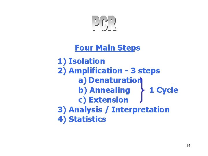 Four Main Steps 1) Isolation 2) Amplification - 3 steps a) Denaturation b) Annealing