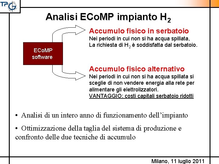 Analisi ECo. MP impianto H 2 Accumulo fisico in serbatoio ECo. MP software Nei