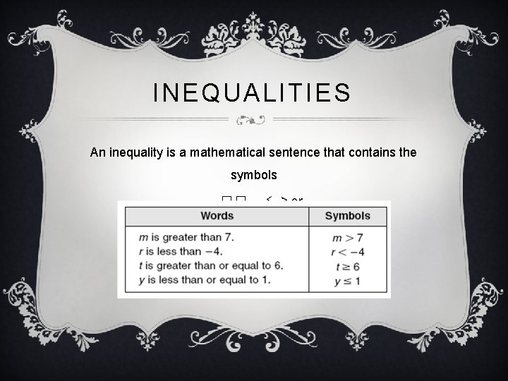 INEQUALITIES An inequality is a mathematical sentence that contains the symbols �, � ,