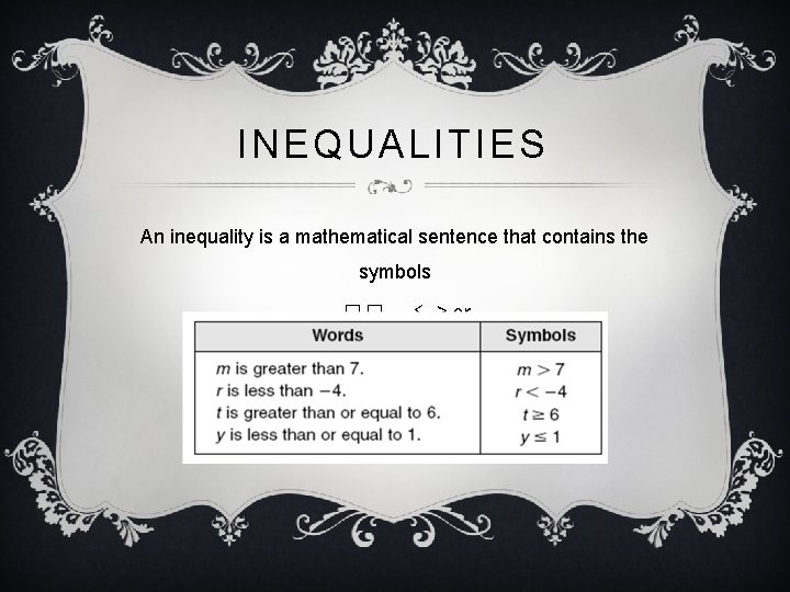 INEQUALITIES An inequality is a mathematical sentence that contains the symbols �, � , INEQUALITIES An inequality is a mathematical sentence that contains the symbols �, � ,
