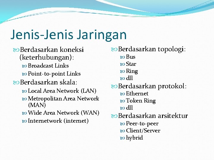 Jenis-Jenis Jaringan Berdasarkan koneksi (keterhubungan): Broadcast Links Point-to-point Links Berdasarkan skala: Local Area Network