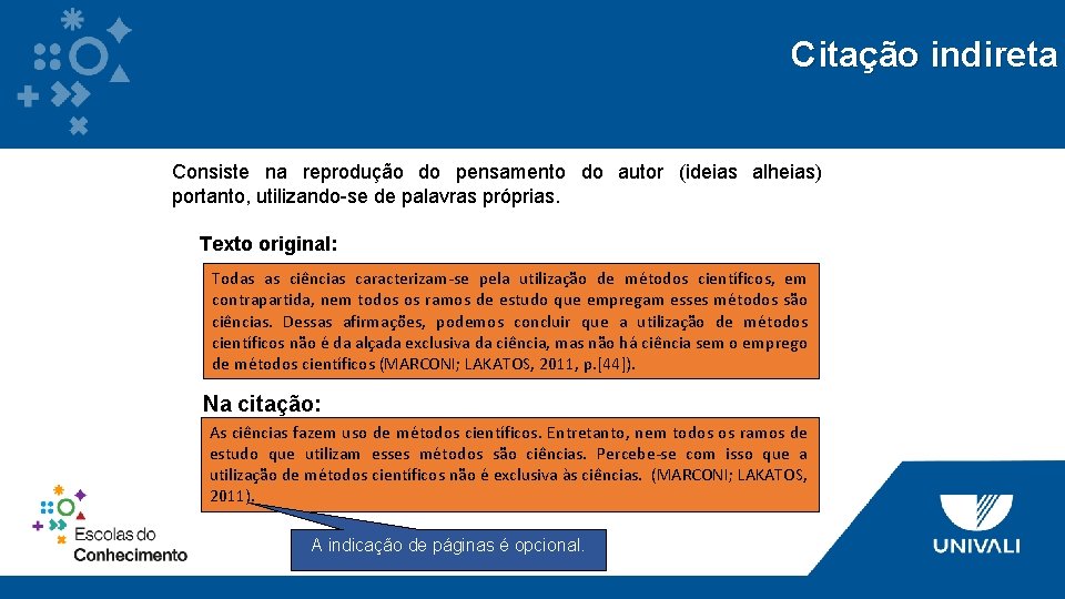 Citação indireta Consiste na reprodução do pensamento do autor (ideias alheias) portanto, utilizando-se de