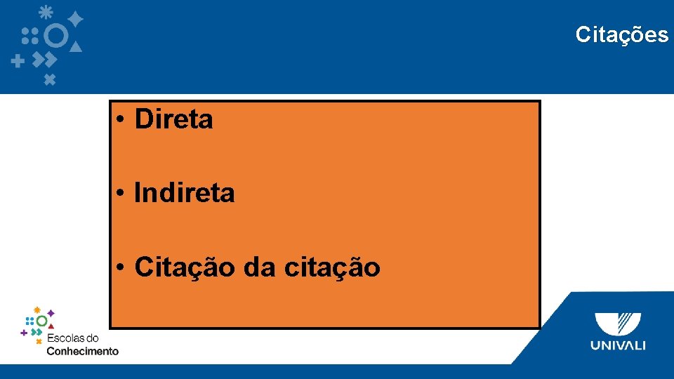 Citações • Direta • Indireta • Citação da citação 