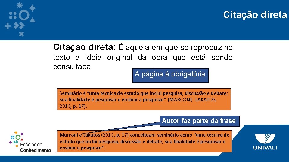 Citação direta: É aquela em que se reproduz no texto a ideia original da