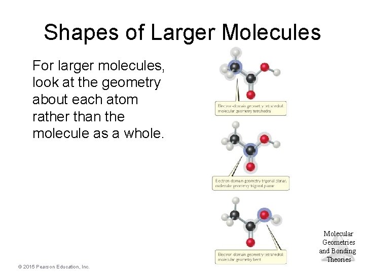 Shapes of Larger Molecules For larger molecules, look at the geometry about each atom