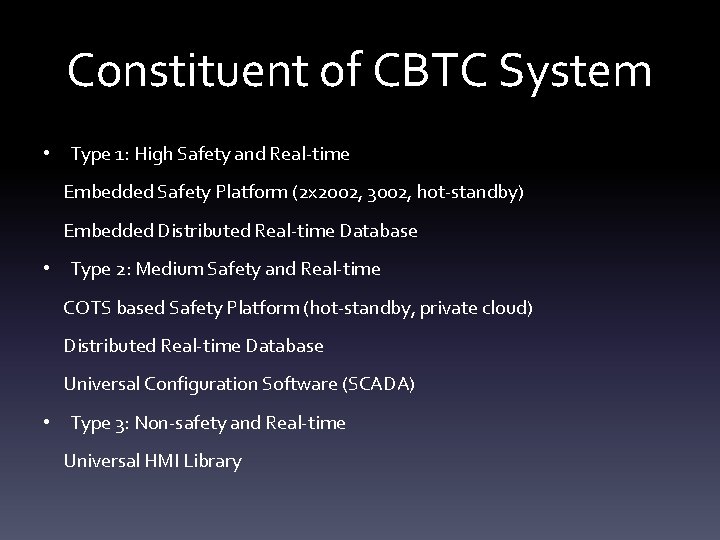 Constituent of CBTC System • Type 1: High Safety and Real-time Embedded Safety Platform