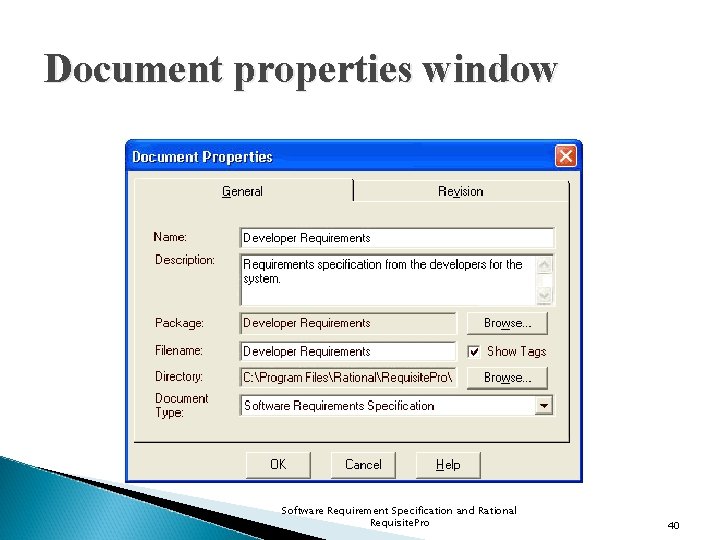 Document properties window Software Requirement Specification and Rational Requisite. Pro 40 