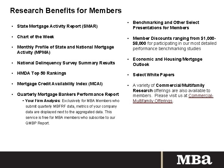 Research Benefits for Members • State Mortgage Activity Report (SMAR) • Chart of the