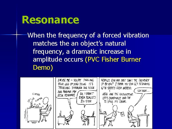 Resonance When the frequency of a forced vibration matches the an object’s natural frequency,