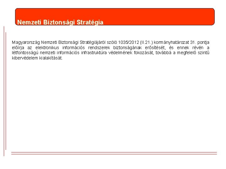 Nemzeti Biztonsági Stratégia Magyarország Nemzeti Biztonsági Stratégiájáról szóló 1035/2012 (II. 21. ) kormányhatározat 31. Nemzeti Biztonsági Stratégia Magyarország Nemzeti Biztonsági Stratégiájáról szóló 1035/2012 (II. 21. ) kormányhatározat 31.