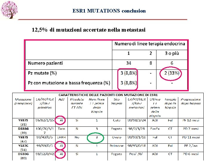ESR 1 MUTATIONS conclusion 12, 5% di mutazioni accertate nella metastasi 