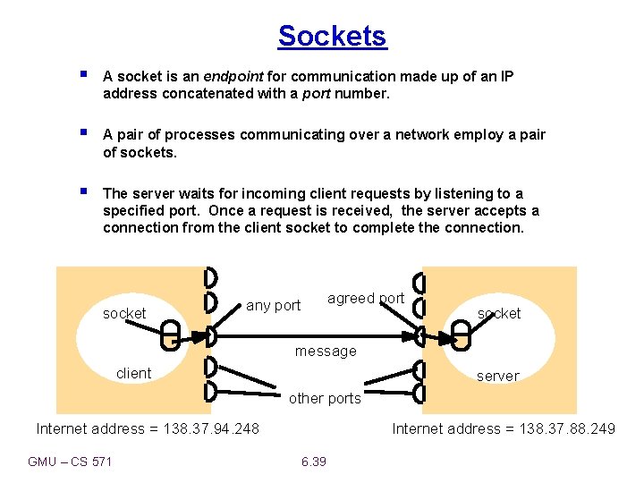 Sockets § A socket is an endpoint for communication made up of an IP
