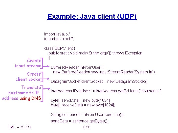 Example: Java client (UDP) import java. io. *; import java. net. *; Create input