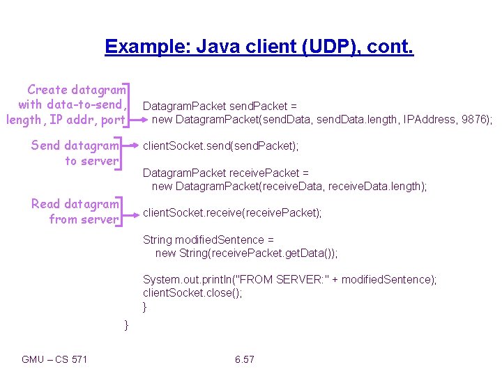 Example: Java client (UDP), cont. Create datagram with data-to-send, length, IP addr, port Send