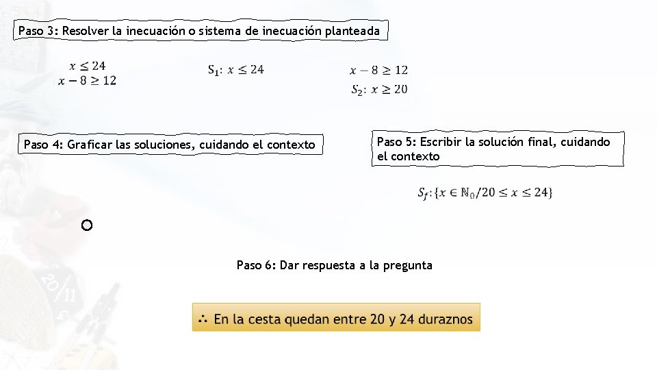 Paso 3: Resolver la inecuación o sistema de inecuación planteada Paso 4: Graficar las