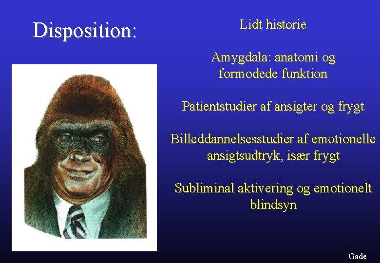 Disposition: Lidt historie Amygdala: anatomi og formodede funktion Patientstudier af ansigter og frygt Billeddannelsesstudier