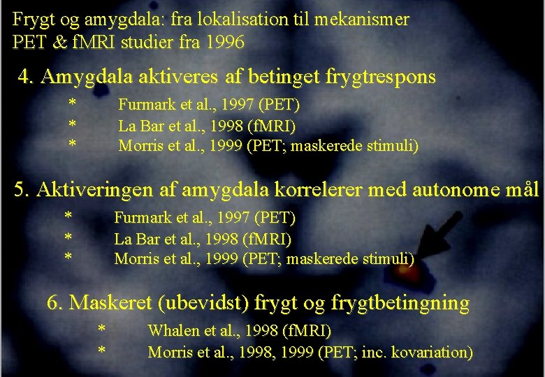 Frygt og amygdala: fra lokalisation til mekanismer PET & f. MRI studier fra 1996