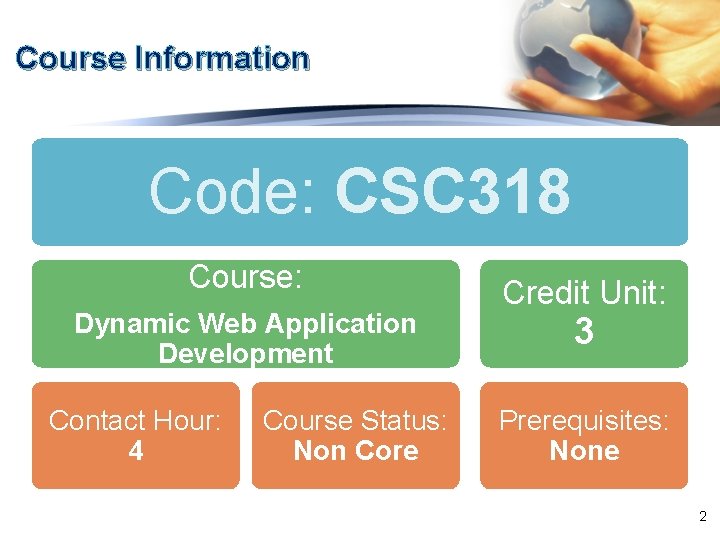 Course Information Code: CSC 318 Course: Dynamic Web Application Development Contact Hour: 4 Course