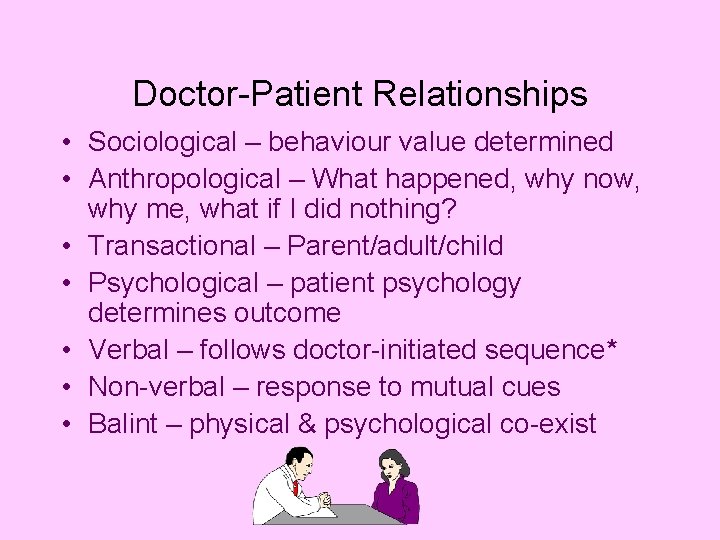 Doctor-Patient Relationships • Sociological – behaviour value determined • Anthropological – What happened, why