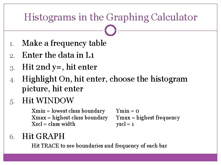 Histograms in the Graphing Calculator 1. 2. 3. 4. 5. Make a frequency table
