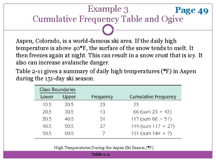 Example 3 Page 49 Cumulative Frequency Table and Ogive Aspen, Colorado, is a world-famous