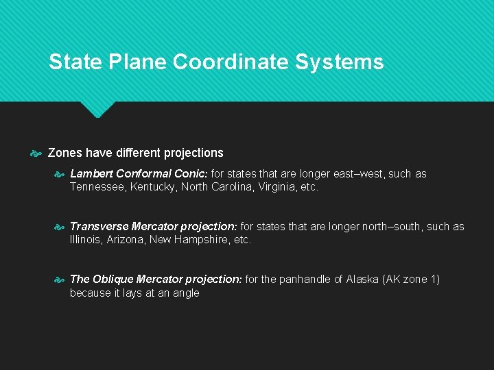 State Plane Coordinate Systems Zones have different projections Lambert Conformal Conic: for states that