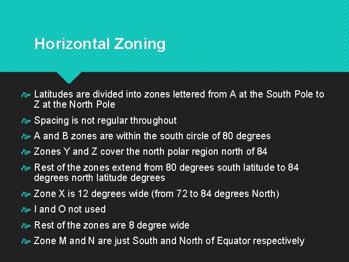 Horizontal Zoning Latitudes are divided into zones lettered from A at the South Pole