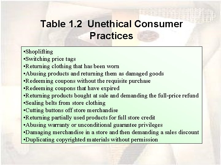 Table 1. 2 Unethical Consumer Practices • Shoplifting • Switching price tags • Returning