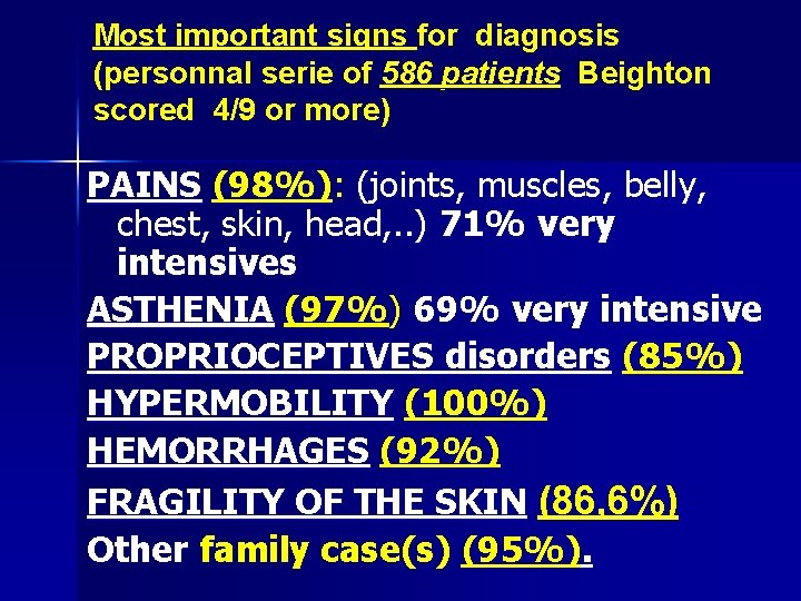 Most important signs for diagnosis (personnal serie of 586 patients Beighton scored 4/9 or