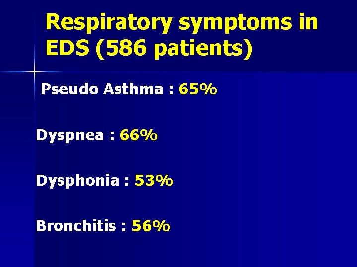 Respiratory symptoms in EDS (586 patients) Pseudo Asthma : 65% Dyspnea : 66% Dysphonia