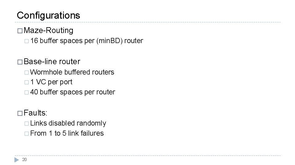 Configurations � Maze-Routing � 16 buffer spaces per (min. BD) router � Base-line router