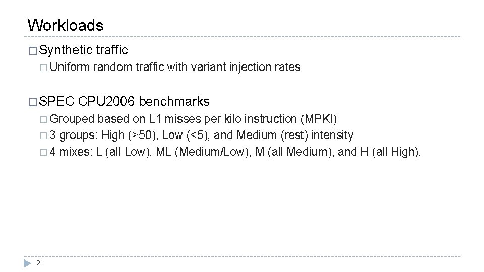 Workloads � Synthetic � Uniform � SPEC traffic random traffic with variant injection rates