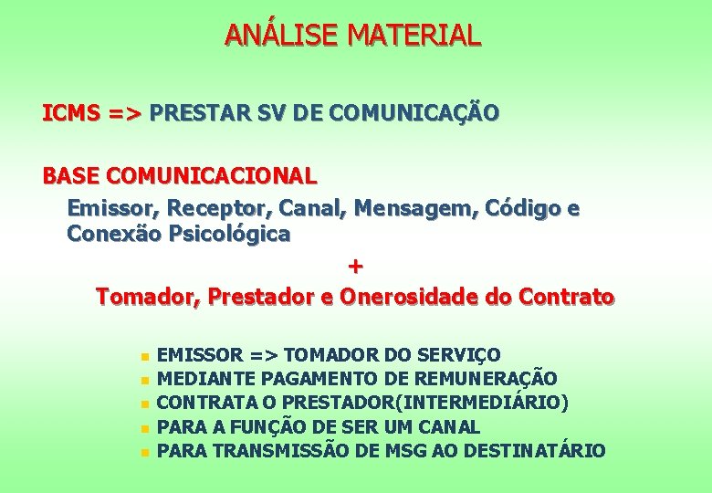 ANÁLISE MATERIAL ICMS => PRESTAR SV DE COMUNICAÇÃO BASE COMUNICACIONAL Emissor, Receptor, Canal, Mensagem,